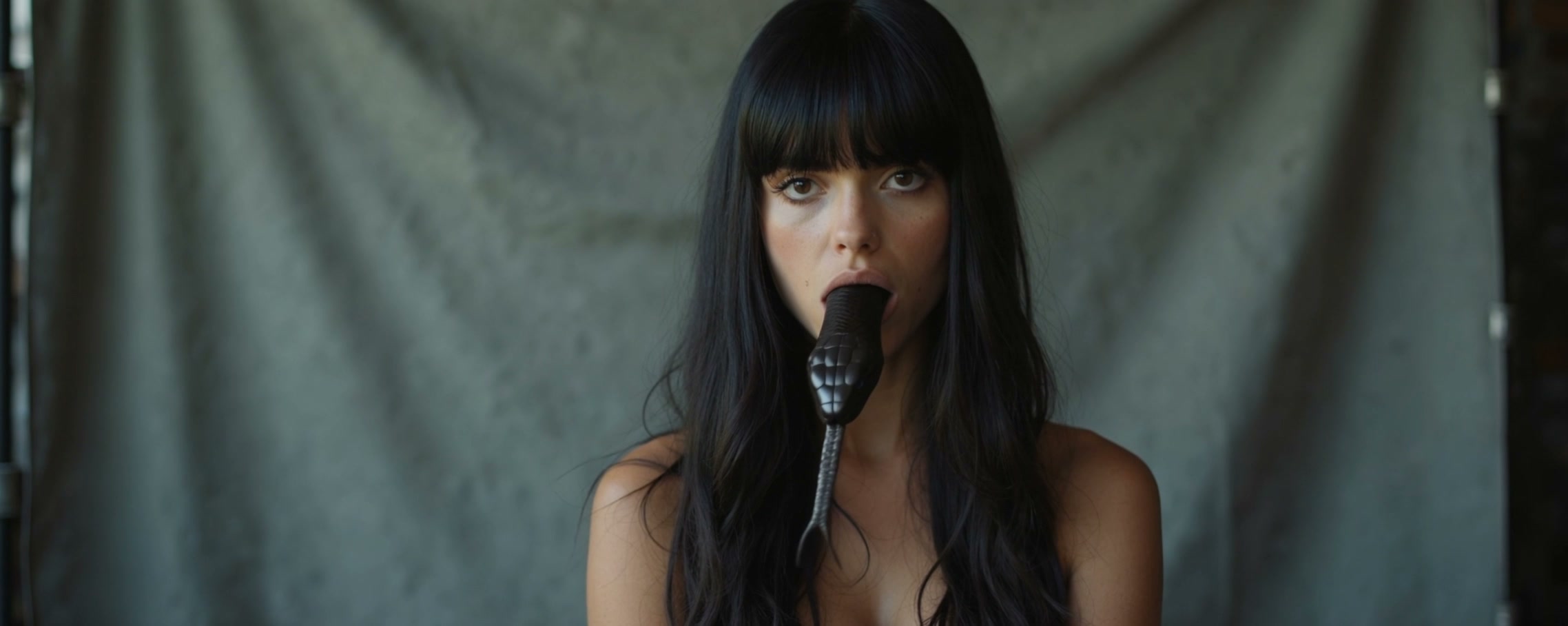 Frame from the AI Fashion Film: a woman's tongue becoming a snake