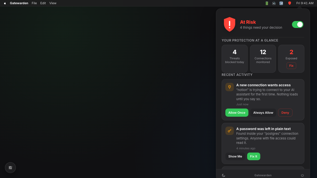 Gatewarden protection dashboard with monitored connections and approval actions