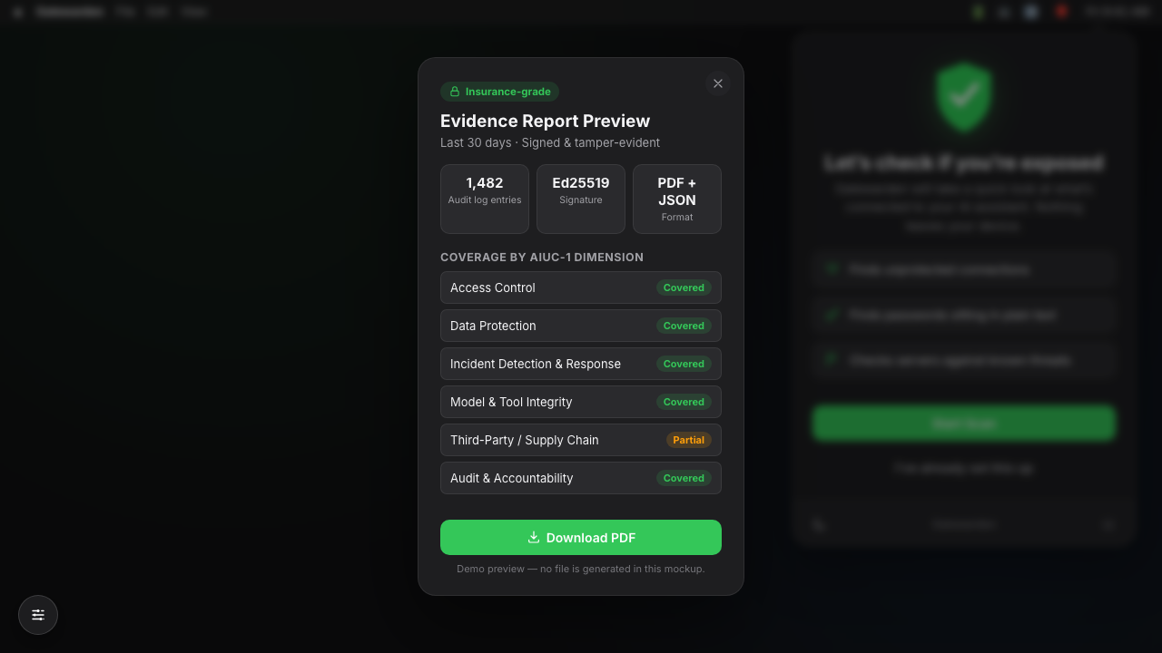 Gatewarden evidence report preview with audit entries and security coverage