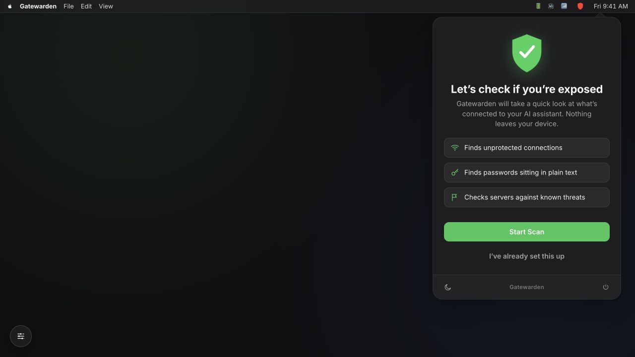 Gatewarden macOS application onboarding screen for scanning AI assistant connections