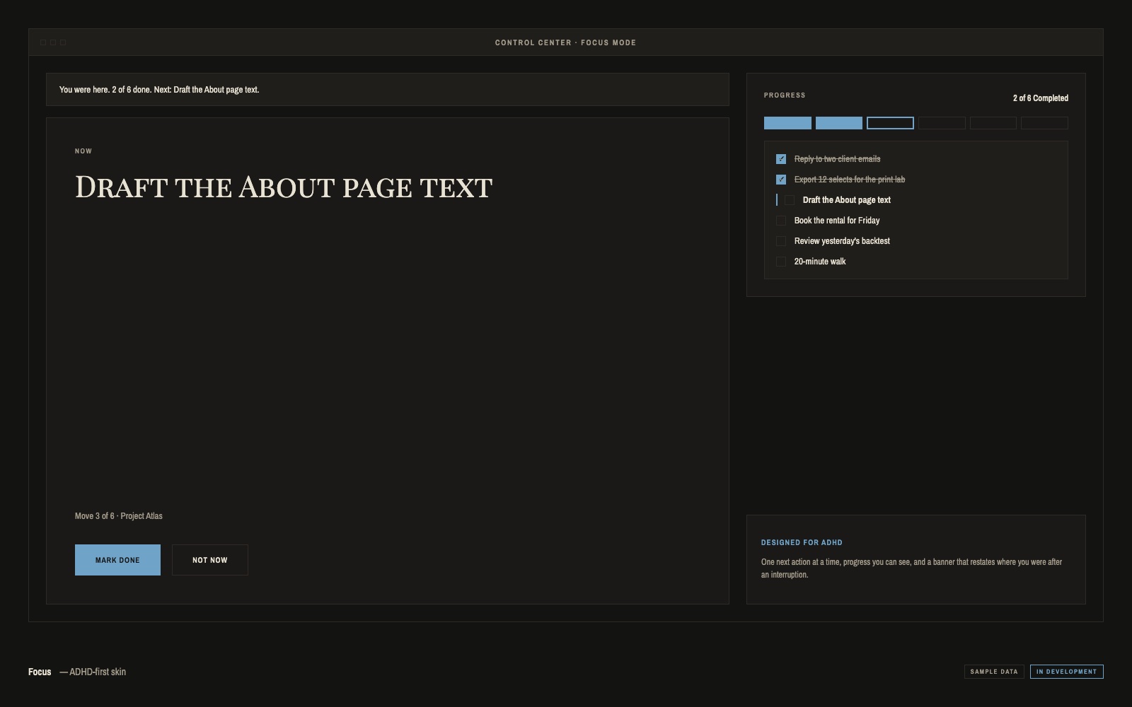 Hugr Focus skin: one next action, a segmented progress bar and a restated-state banner