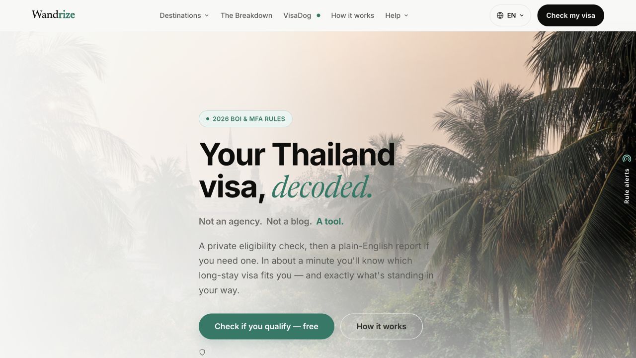 Wandrize Thailand visa eligibility product homepage and qualification interface